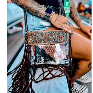 Brown Turquoise Leather Clear Purse Crossbody Concert Game Day